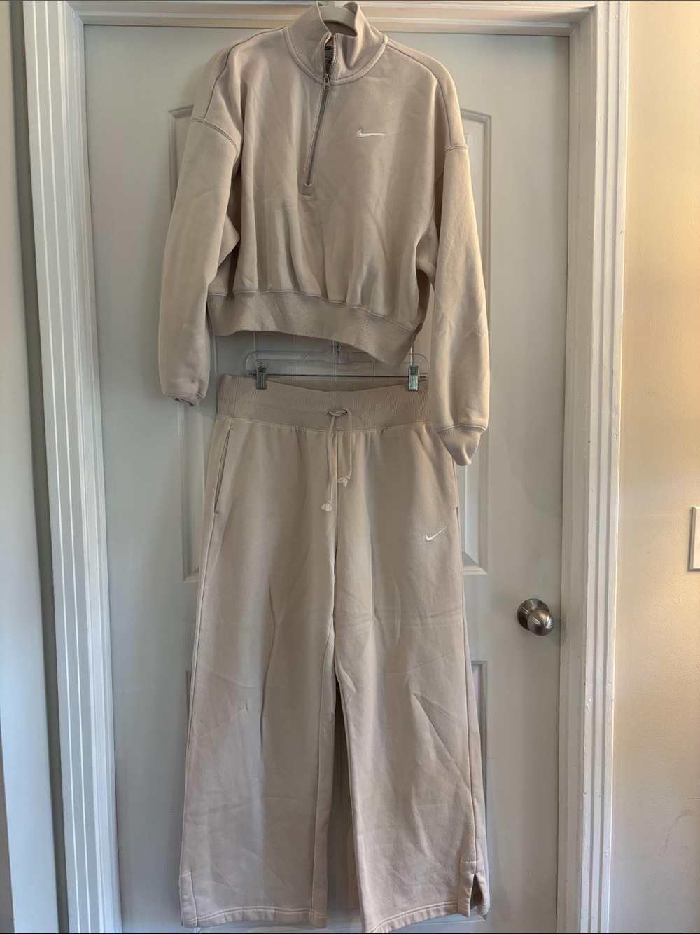 Nike Women’s Beige Cropped Quarter-Zip Sweatshirt & Wide-Leg Joggers Set